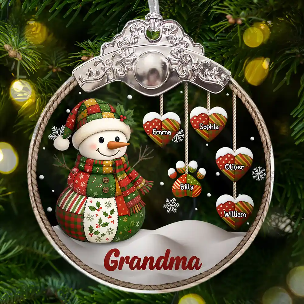 Retro Patchwork Snowman - Personalized Glass Ornament With Silver Cap