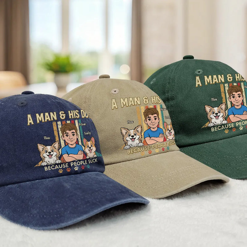 Pet Lovers,Pet Mom,Pet Dad,Dog Lovers,Dog Mom,Dog Dad,Cat Lovers,Cat Mom,Cat Dad,Gift For Women,Gift For Men,Happy,Top Market - Retro Style A Man & His Dog Cat - Personalized Vintage Washed Denim Cap