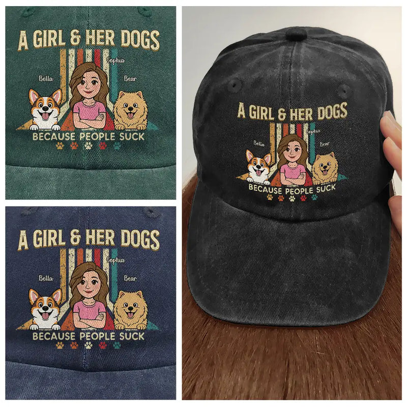 Pet Lovers,Pet Mom,Pet Dad,Dog Lovers,Dog Mom,Dog Dad,Cat Lovers,Cat Mom,Cat Dad,Gift For Women,Gift For Men,Happy,Top Market - Retro Style A Man & His Dog Cat - Personalized Vintage Washed Denim Cap