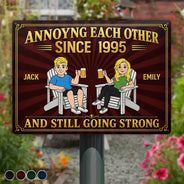 Top Market,Humorous,Old Couples,Outdoor Decor,Gift For Couples,Vector - Retro Style Couple Annoying Each Other And Still Going Strong - Personalized Classic Metal Signs