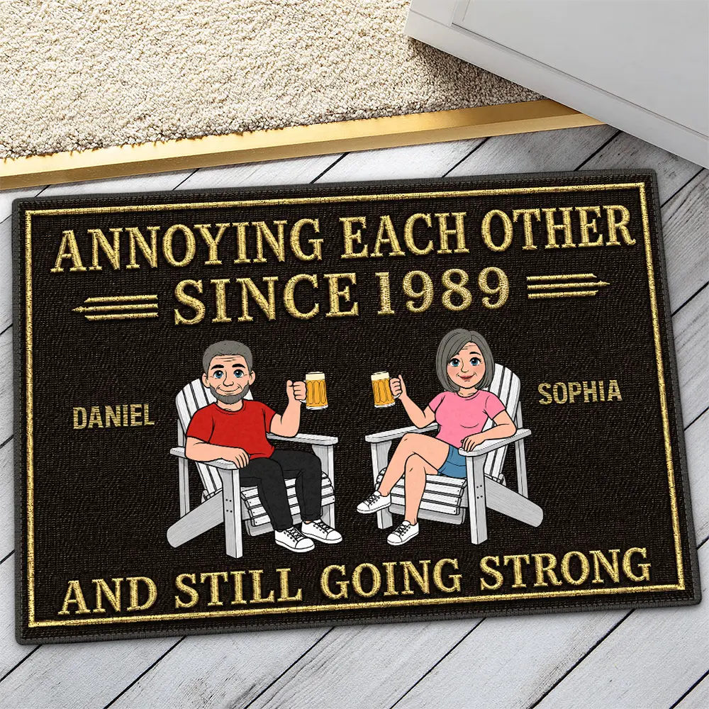 Retro Style Couple Annoying Each Other And Still Going Strong - Personalized Doormat