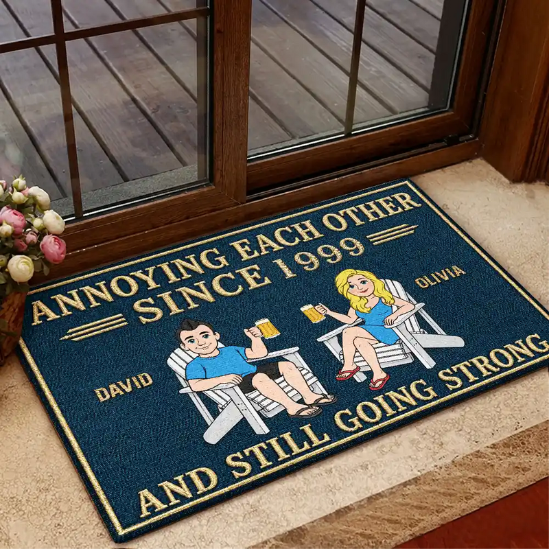 Humorous,Indoor Decor,Old Couples,Gift For Couples,Vector - Retro Style Couple Annoying Each Other And Still Going Strong - Personalized Doormat