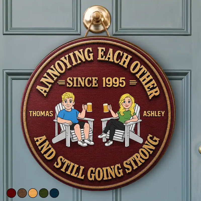 Humorous, Old Couples, Gift For Couples, Vector - Retro Style Couple Annoying Each Other Wood-Look - Personalized Custom Shaped Wood Sign