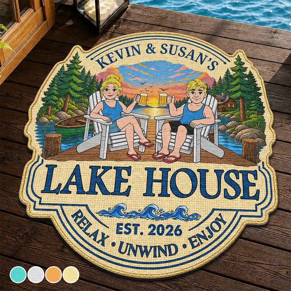 Outdoor Decor,Lake,Gift For Couples,Vector,Happy - Retro Style Couple Welcome To Our Lake House - Personalized Custom Shaped Doormat