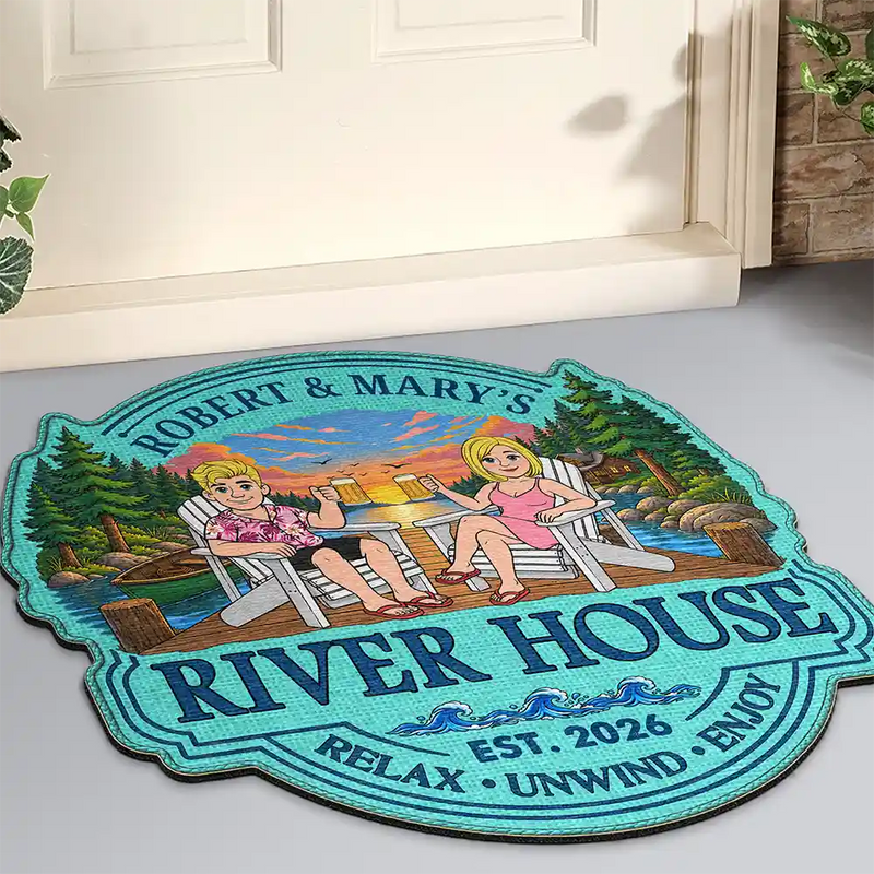 Outdoor Decor,Lake,Gift For Couples,Vector,Happy - Retro Style Couple Welcome To Our Lake House - Personalized Custom Shaped Doormat