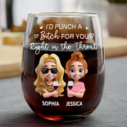 Funny,Gift For Bestie,Gifts For Colleagues,Gift For Sisters - Right In The Throat Besties Sisters Cartoon - Personalized Stemless Wine Glass