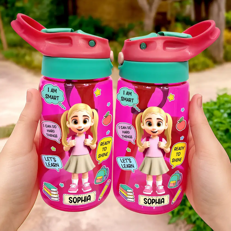 Adorable,Back To School,Gift For Kids,Vector - School Kid With Backpack - Personalized Kids Water Bottle With Straw