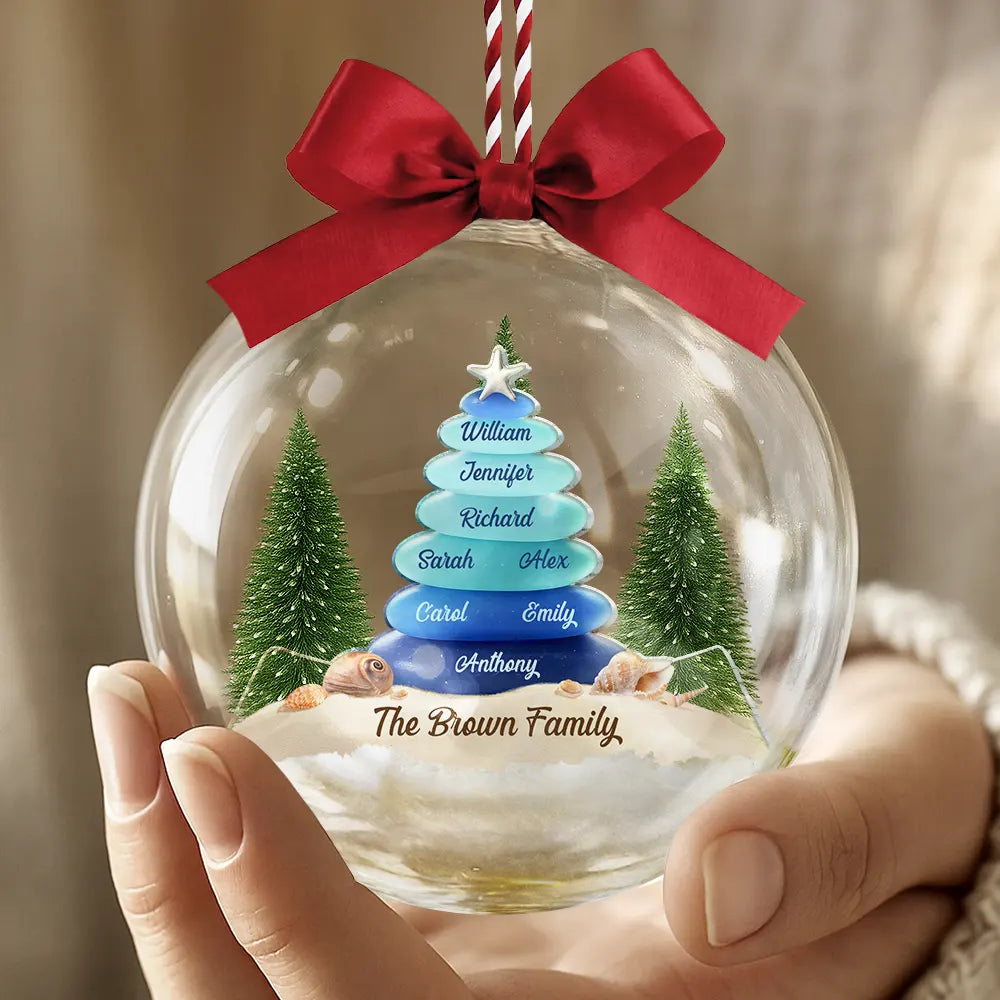 Family,Pet Lovers,Pet Mom,Pet Dad,Pet Couple,Dog Lovers,Dog Couple,Dog Mom,Dog Dad,Cat Lovers,Cat Mom,Cat Dad,Cat Couple,Happy,Single Mom,Single Dad,Gift For Grandpa,Gift For Grandma,Gift For Grandkids,Christmas - Sea Glass Family Beach Lovers - Personalized 3D Acrylic Ball Ornament