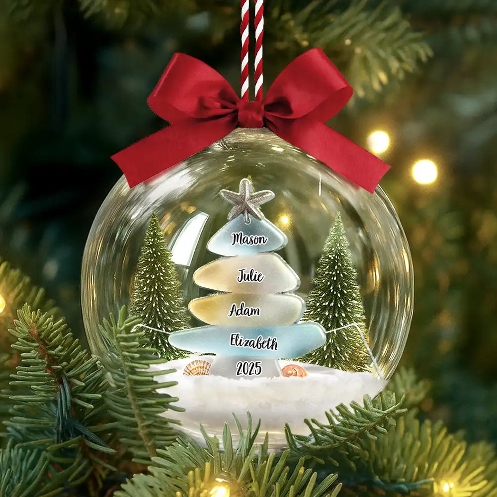 Family,Pet Lovers,Pet Mom,Pet Dad,Pet Couple,Dog Lovers,Dog Couple,Dog Mom,Dog Dad,Cat Lovers,Cat Mom,Cat Dad,Cat Couple,Happy,Single Mom,Single Dad,Gift For Grandpa,Gift For Grandma,Gift For Grandkids,Christmas - Sea Glass Family Christmas - Personalized 3D Acrylic Ball Ornament