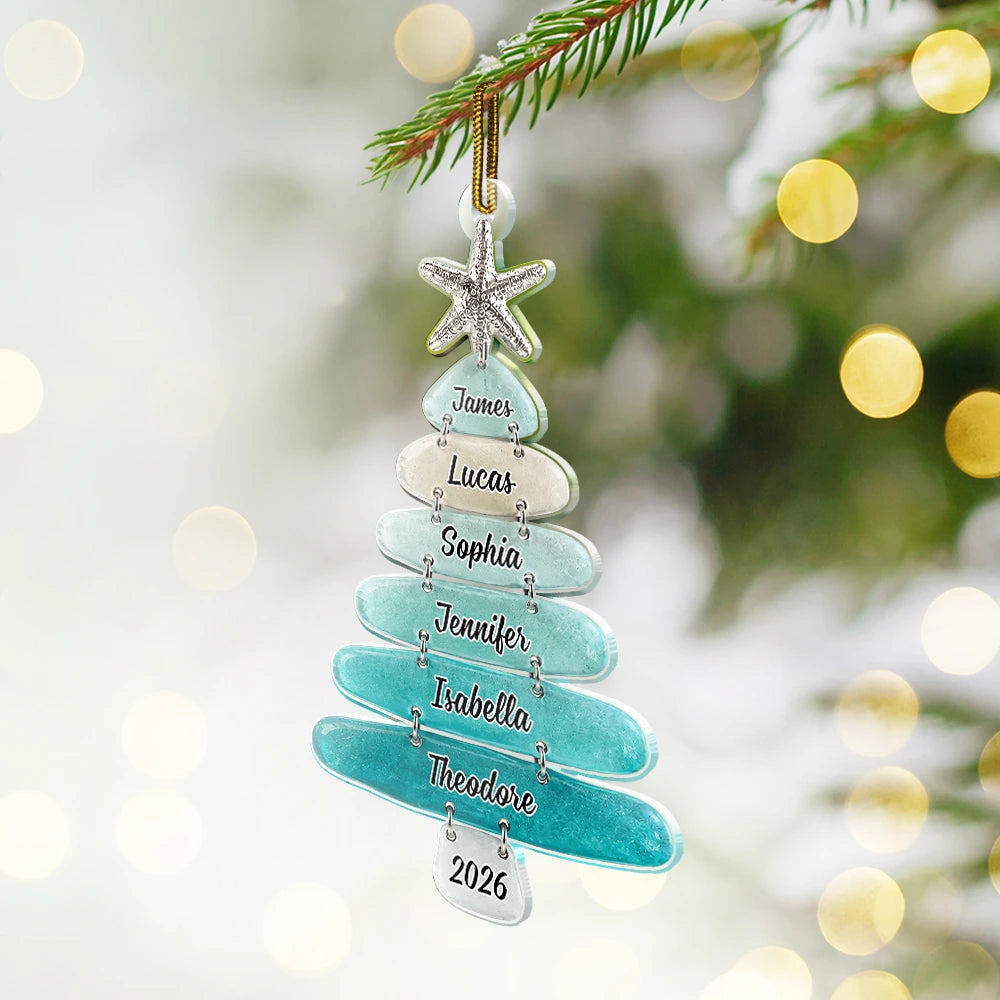 Top Market,Christmas,Beach,Cozy,Family,Icon - Sea Glass Family Christmas Tree With Names - Personalized Custom Shaped Acrylic Ornament