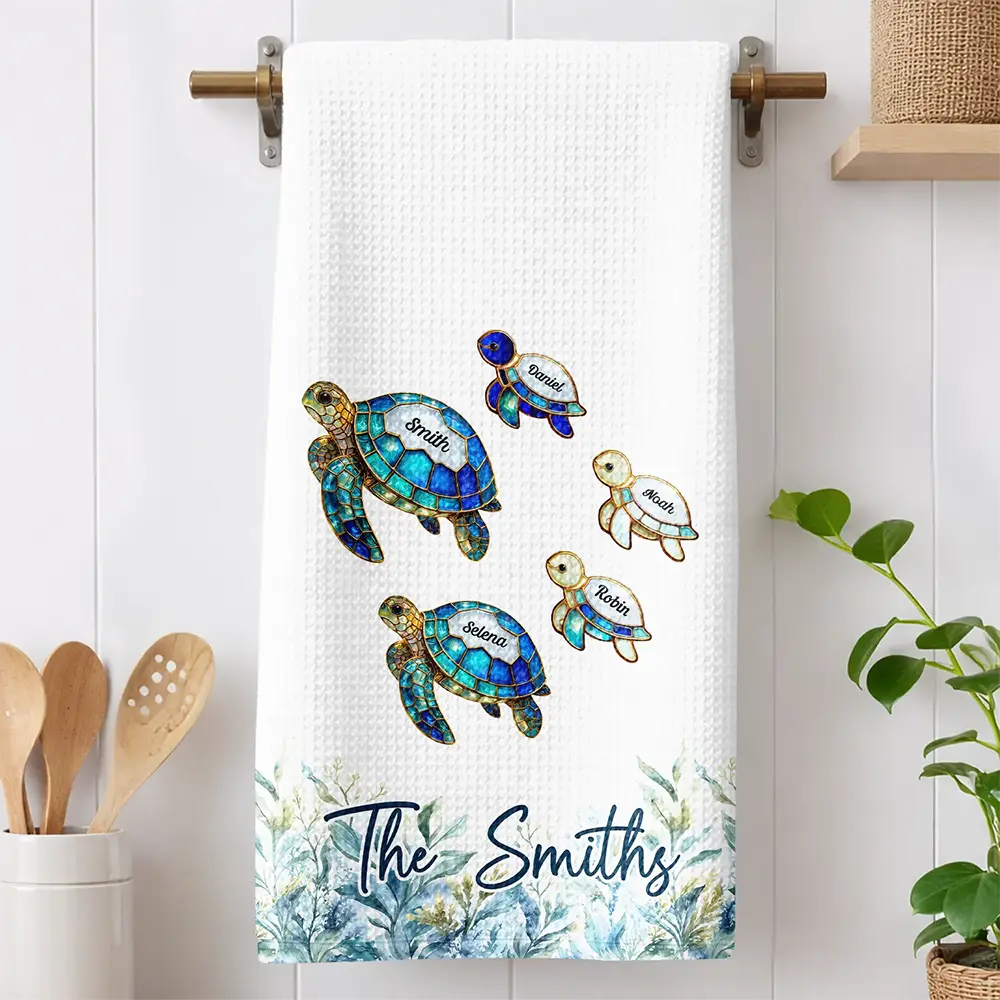Family,Icon,Happy - Sea Turtle Happy Family - Personalized Kitchen Towel