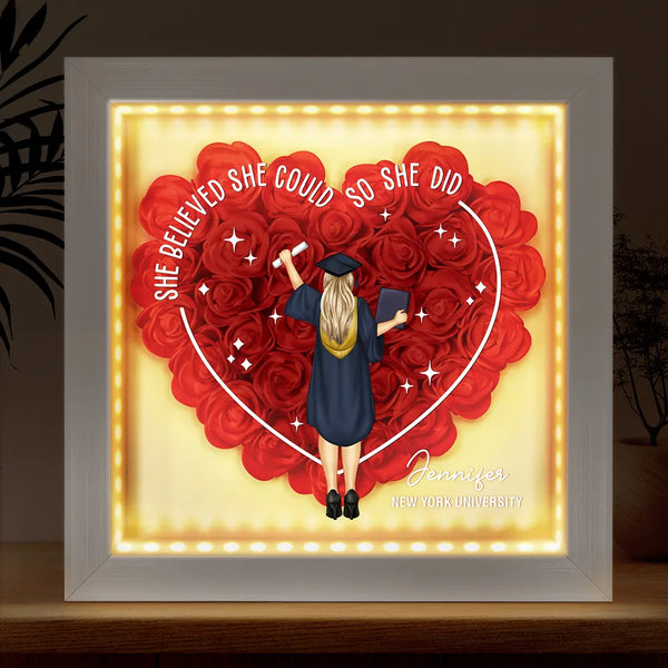 Graduation,Gift For Yourself,Happy - She Believed She Could Graduation Gift - Personalized LED Light Flower Shadow Box