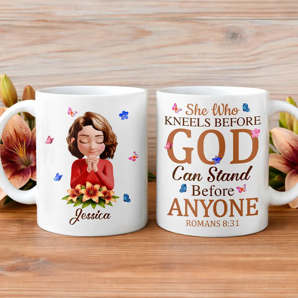 She Who Kneels Before God Can Stand Before - Personalized White Edge-to-Edge Mug