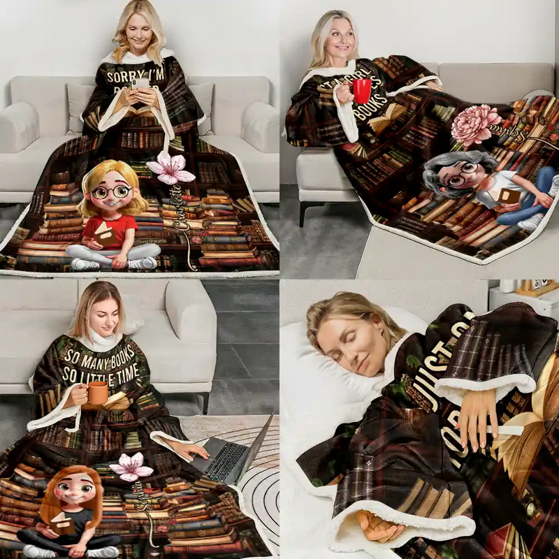 Reading, Gift For Yourself, Funny - Shhh I'm Reading Bookish Girl With Birth Month Flower - Personalized Wearable Blanket With Sleeves