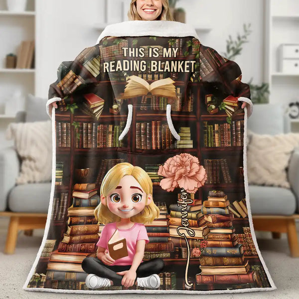 Reading, Gift For Yourself, Funny - Shhh I'm Reading Bookish Girl With Birth Month Flower - Personalized Wearable Blanket With Sleeves