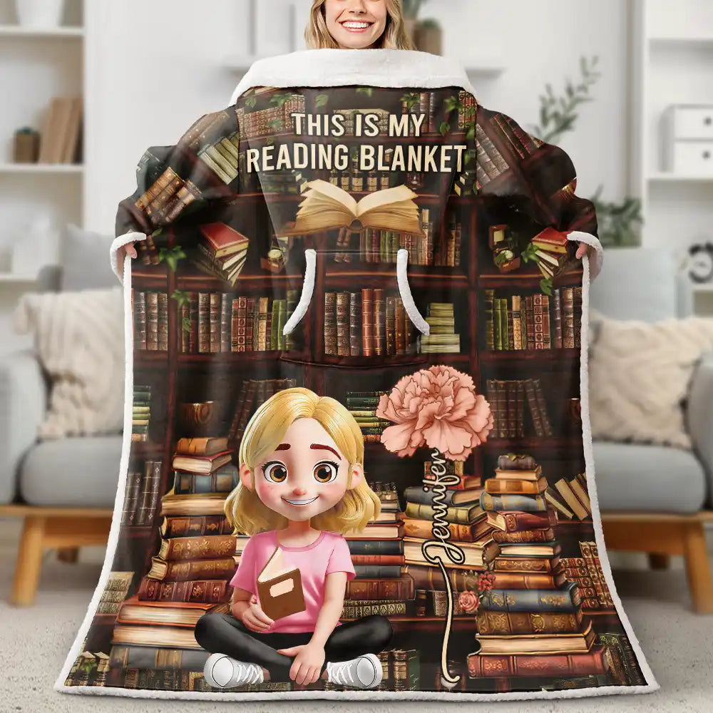Shhh I'm Reading Bookish Girl With Birth Month Flower - Personalized Wearable Blanket With Sleeves