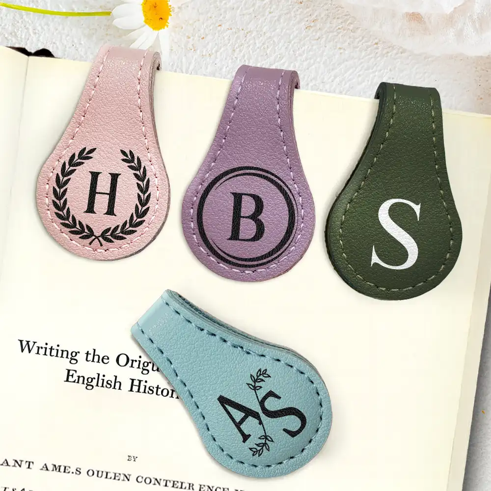 Reading,Gift For Yourself,Gift For Women,Happy - Simple Monogram Book Keepsake - Personalized Circle Leather Magnetic Bookmark