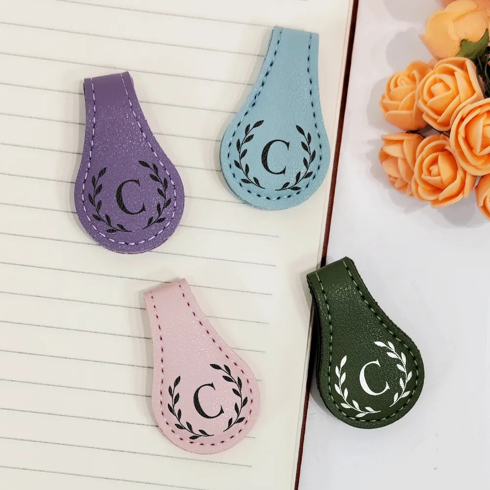 Reading,Gift For Yourself,Gift For Women,Happy - Simple Monogram Book Keepsake - Personalized Circle Leather Magnetic Bookmark