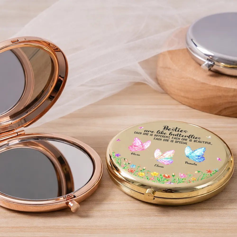 Gift For Sisters, Gift For Bestie, Gift For Sibling, Gift For Women, Happy - Sisters Are Like Butterflies Crystal Effect - Personalized Compact Mirror