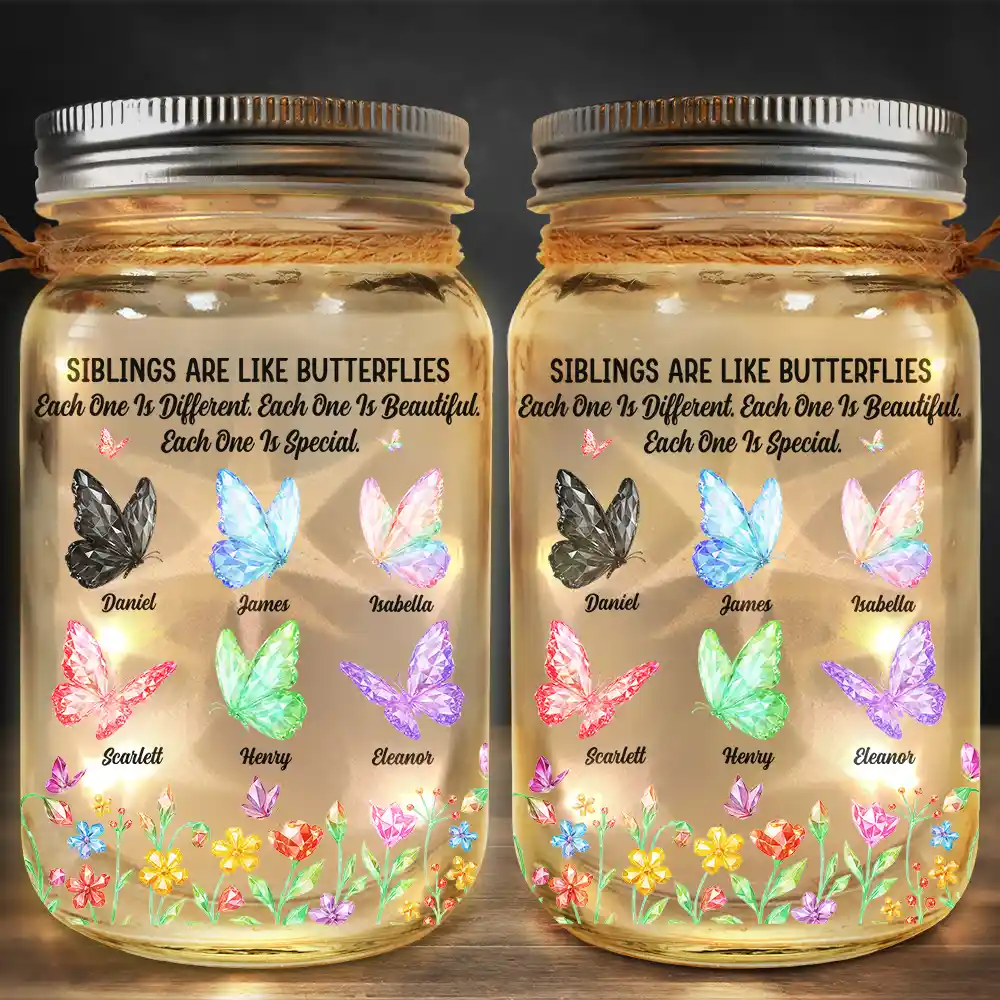 Gift For Sisters,Gift For Women,Happy - Sisters Are Like Butterflies Crytal Effect - Personalized Mason Jar Light
