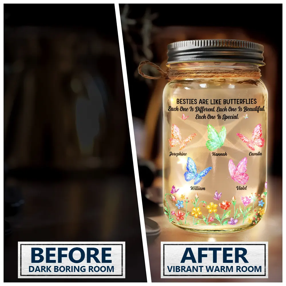 Gift For Sisters,Gift For Women,Happy - Sisters Are Like Butterflies Crytal Effect - Personalized Mason Jar Light