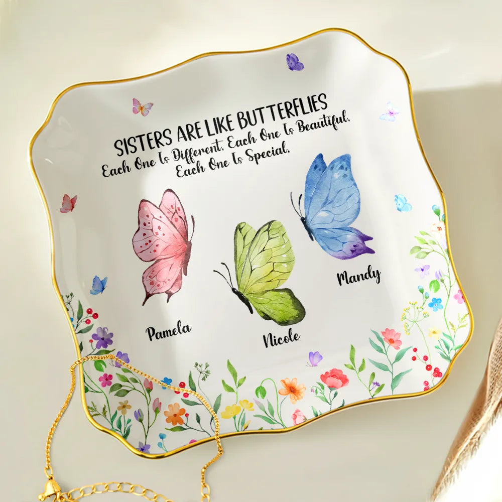 Sisters Are Like Butterflies Watercolor - Personalized Lace Square Jewelry Dish