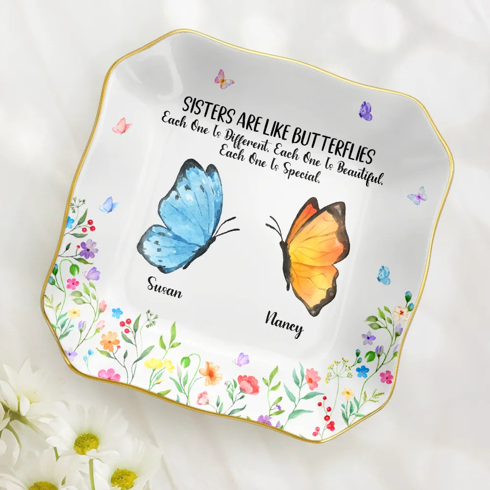 Gift For Sisters, Gift For Bestie, Gift For Women, Happy - Sisters Are Like Butterflies Watercolor - Personalized Lace Square Jewelry Dish