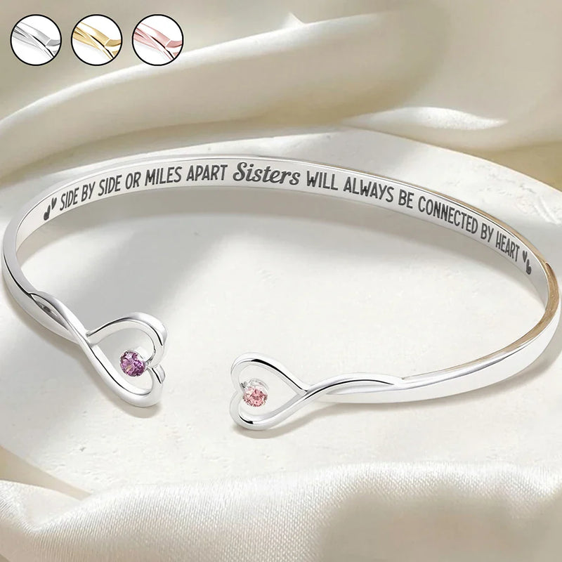 Gift For Sisters, Gift For Bestie, Love, Long Distance - Sisters Will Always Be Connected By Heart - Personalized Gem Heart Cuff Bracelet