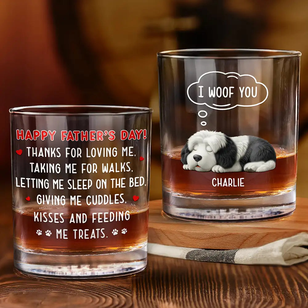 Pet Lovers, Pet Dad, Dog Lovers, Dog Dad, Happy, Gift For Father - Sleeping Dog Thanks For Loving Me - Personalized Whiskey Glass