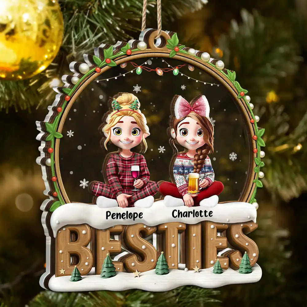 Gift For Bestie,Christmas,Happy,Gift For Sisters,Gift For Brothers,Gift For Sibling,Cousin - Snowball Besties Friends Siblings Forever - Personalized 2-Layered Mix Ornament