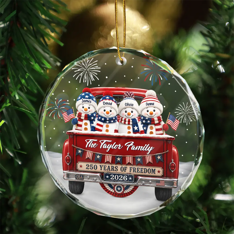 Independence Day,America 250th,Christmas,Proud,Family,Icon - Snowman 250 Years Of Freedom - Personalized Circle Glass Ornament
