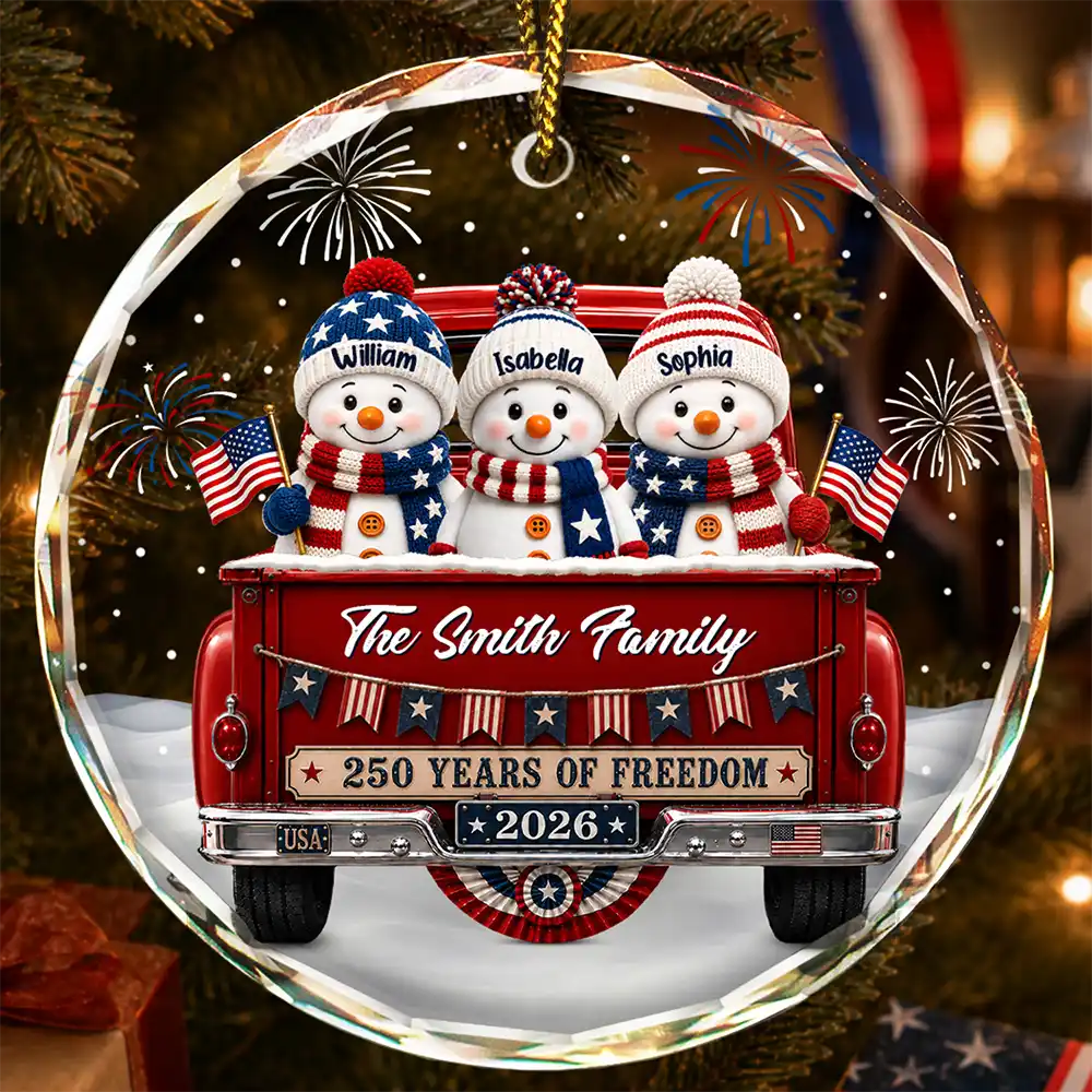 Independence Day,America 250th,Christmas,Proud,Family,Icon - Snowman 250 Years Of Freedom - Personalized Circle Glass Ornament