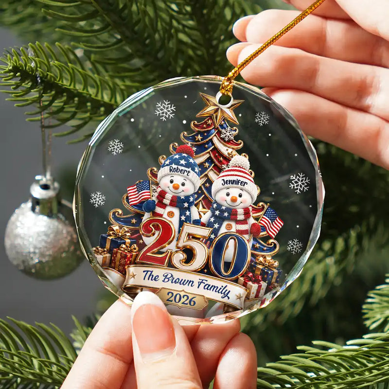 Independence Day,America 250th,Christmas,Proud,Family,Icon - Snowman 250 Years Of Freedom America Anniversary - Personalized Circle Glass Ornament