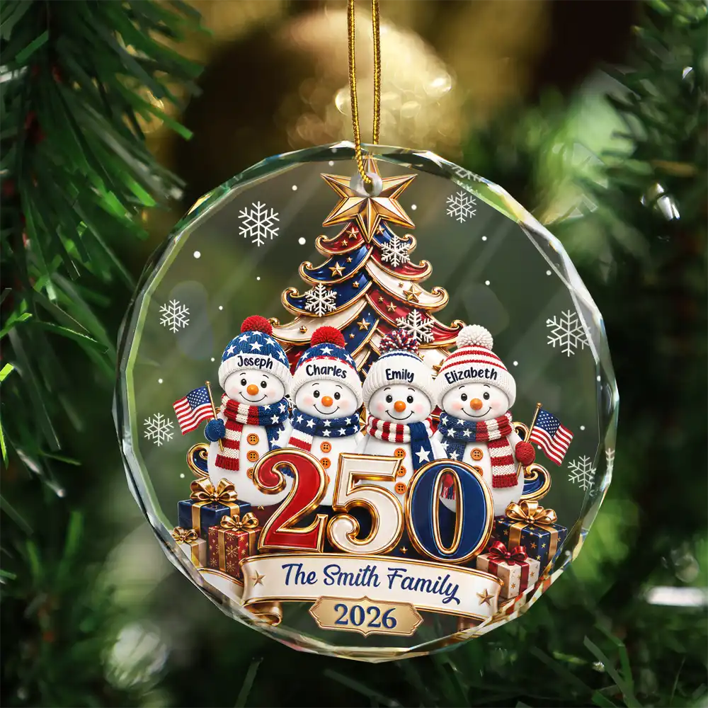 Independence Day,America 250th,Christmas,Proud,Family,Icon - Snowman 250 Years Of Freedom America Anniversary - Personalized Circle Glass Ornament