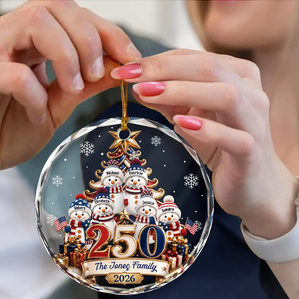 Independence Day,America 250th,Christmas,Proud,Family,Icon - Snowman 250 Years Of Freedom America Anniversary - Personalized Circle Glass Ornament