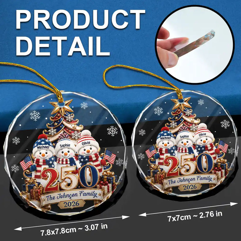 Independence Day,America 250th,Christmas,Proud,Family,Icon - Snowman 250 Years Of Freedom America Anniversary - Personalized Circle Glass Ornament