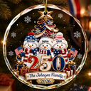 Independence Day,America 250th,Christmas,Proud,Family,Icon - Snowman 250 Years Of Freedom America Anniversary - Personalized Circle Glass Ornament