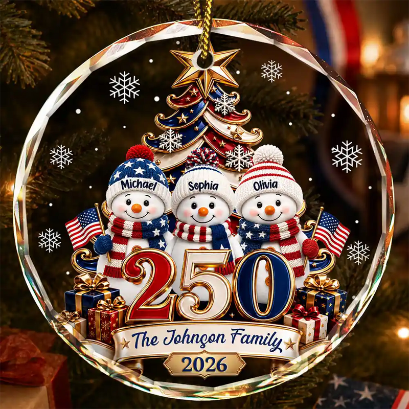 Independence Day,America 250th,Christmas,Proud,Family,Icon - Snowman 250 Years Of Freedom America Anniversary - Personalized Circle Glass Ornament