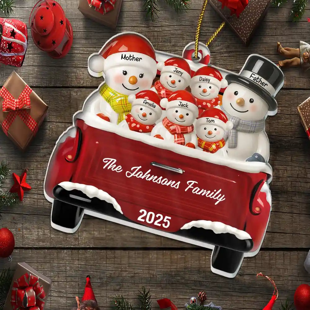 Happy, Family, Christmas, Gift For Couples, Parents, Married - Snowman Family Ceramic Effect Red Truck - Personalized Custom Shaped Acrylic Ornament