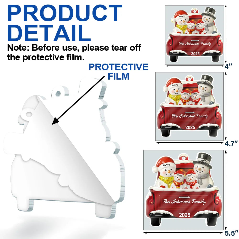 Happy, Family, Christmas, Gift For Couples, Parents, Married - Snowman Family Ceramic Effect Red Truck - Personalized Custom Shaped Acrylic Ornament