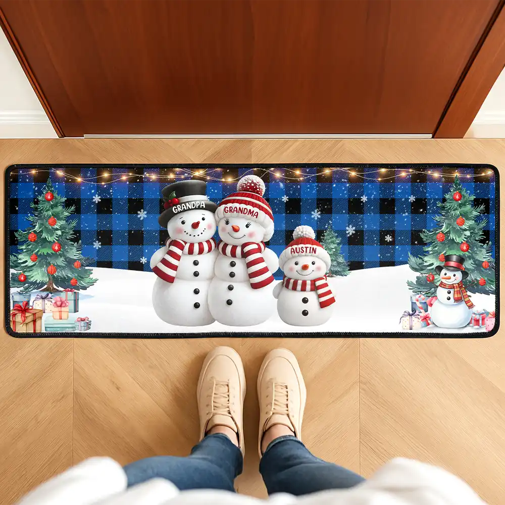 Family,Parents,Gift For Grandparents,Gift For Kids,Happy,Christmas - Snowman Family Christmas Plaid Pattern - Personalized Runner Rug