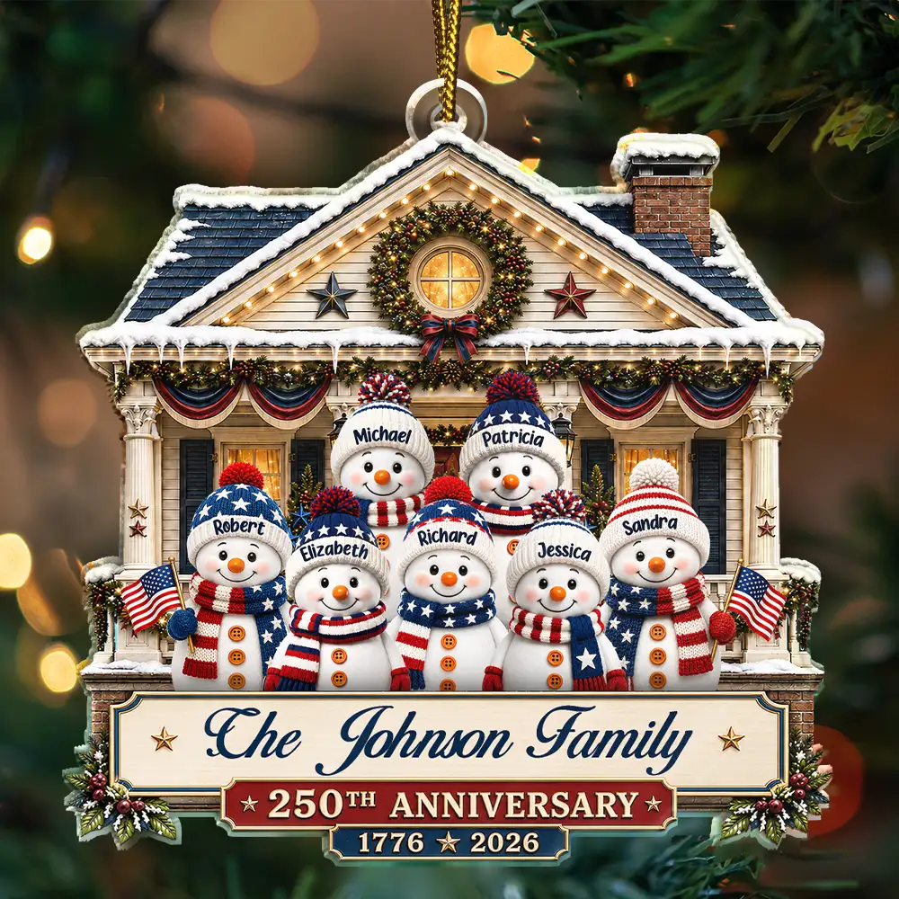 Independence Day,America 250th,Christmas,Proud,Family,Icon - Snowman Family Home 250th Anniversary - Personalized Custom Shaped Acrylic Ornament