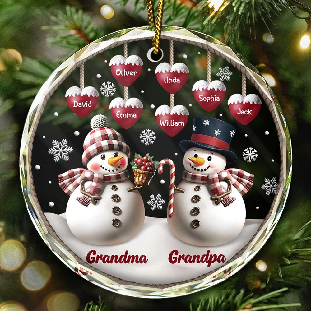 Snowman Grandma Grandpa Grandkids - Personalized Circle Glass Ornament