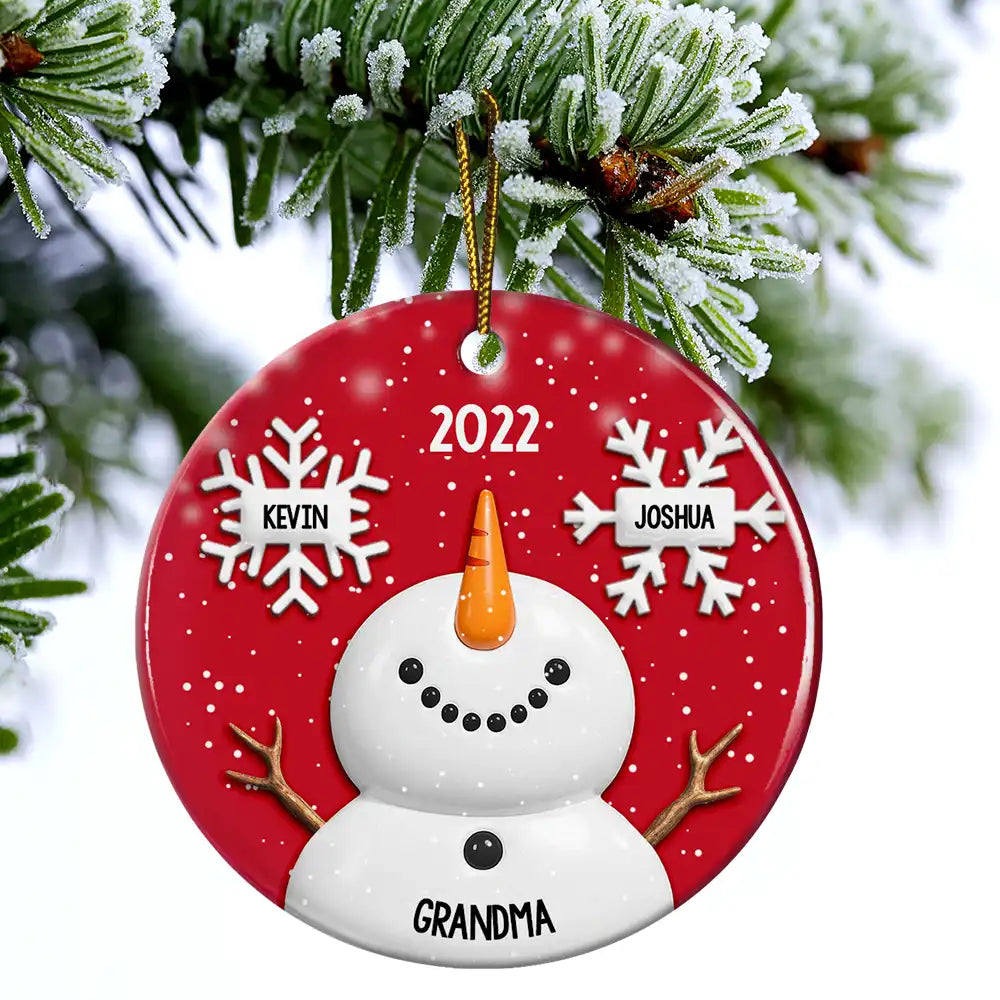 Gift For Grandma,Gift For Mother,Happy,Christmas - Snowy Grandma Nana Snowflake Grandkid Name - Personalized Circle Ceramic Ornament
