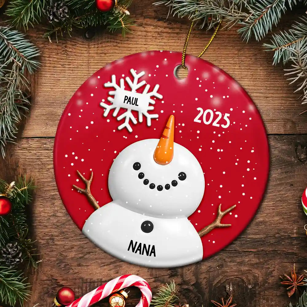 Gift For Grandma,Gift For Mother,Happy,Christmas - Snowy Grandma Nana Snowflake Grandkid Name - Personalized Circle Ceramic Ornament