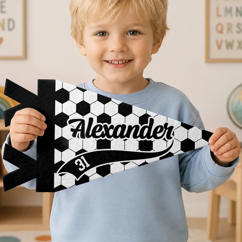 Confident,Back To School,Football (Soccer),Gift For Kids,Custom Text - Soccer Player With Name & Number - Personalized Pennant