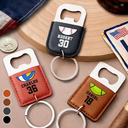 Sport Dad Baseball Basketball - Personalized Leather Bottle Opener Keychain