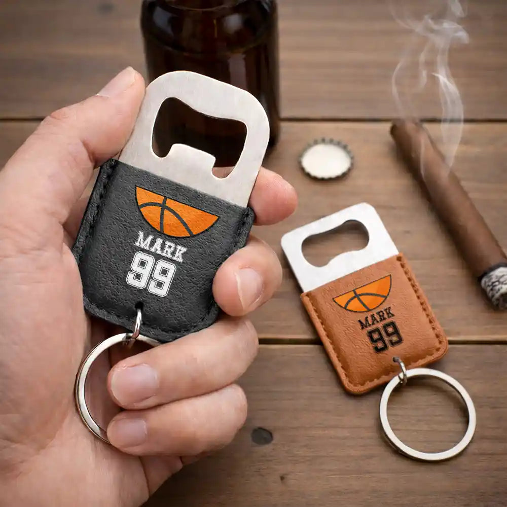 Gift For Father,Gift For Grandpa,Gift For Men,Happy,Sport Dad,Baseball,Basketball,Football (Soccer) - Sport Dad Baseball Basketball - Personalized Leather Bottle Opener Keychain