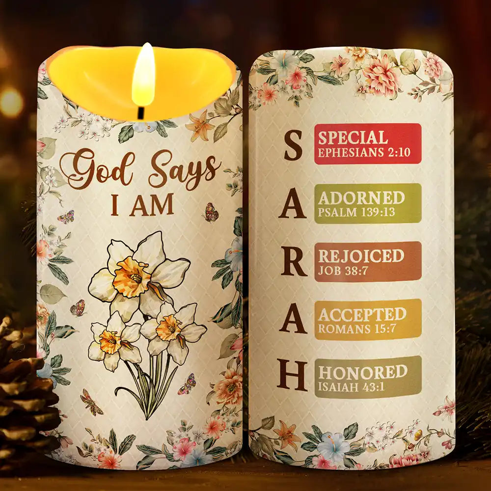 Stained Glass Birth Flower Mosaic Art God Says I Am - Personalized Flameless LED Candle