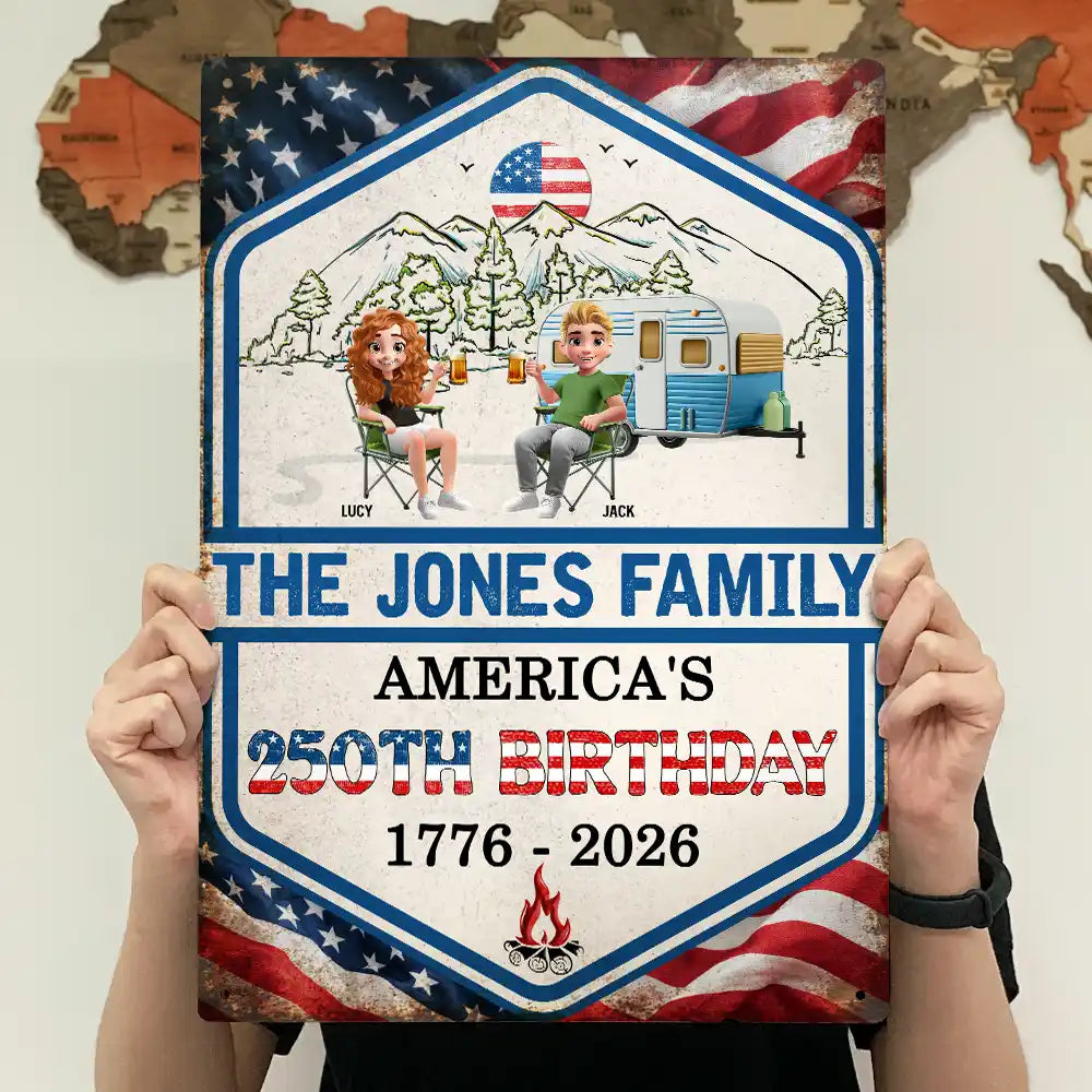 Independence Day, America 250th, Family, Camping, Happy - Stars And Stripes American 250th Birthday Family Camping - Personalized Classic Metal Signs